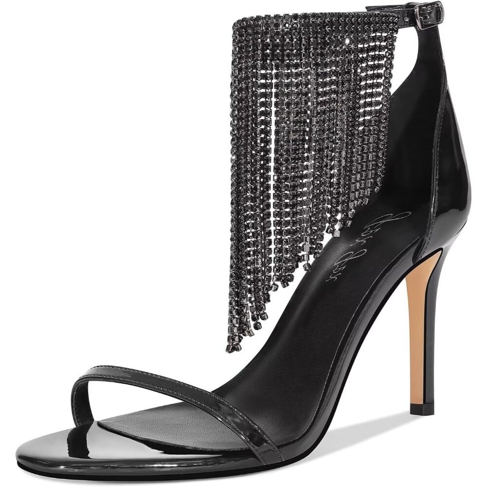 Women's Black High Heels Open Toe Sandals Rhinestone Fringe Ankle Strap Sandals